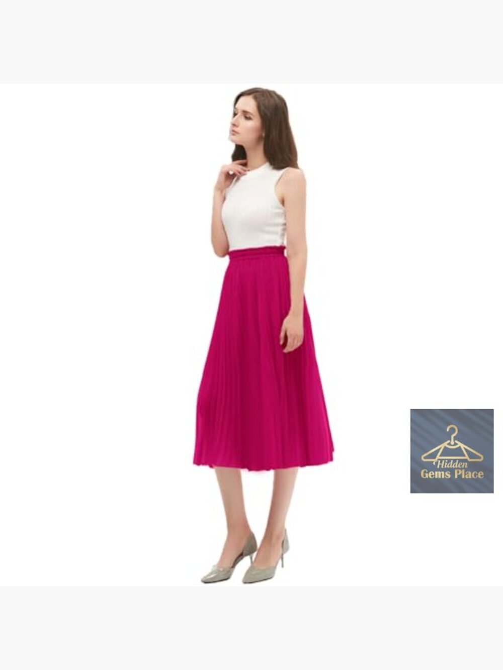High Waist Pleated A-Line Midi Skirt Flowy Swing Skirt S-3XL - Picture 6 of 7